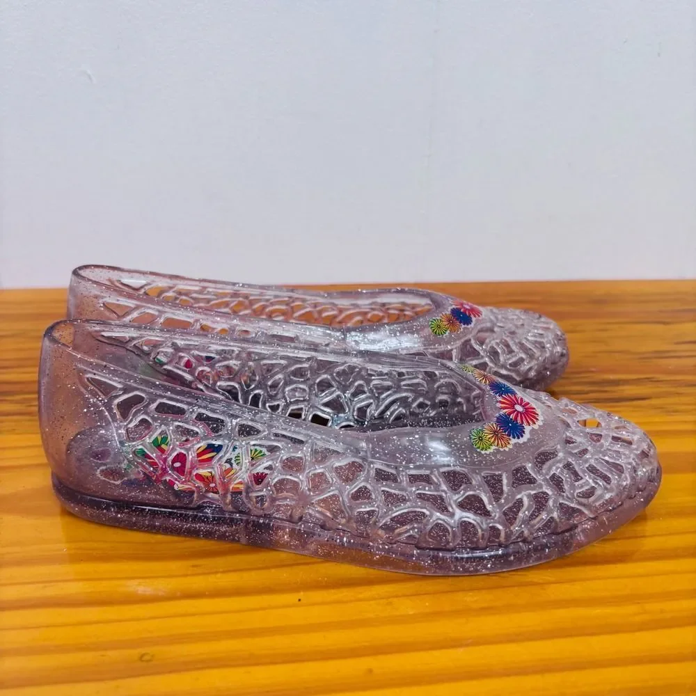 VTG Y2K Grendene Jelly Flats Sparkle‎ Flower Accent Shoes Girls Sz 13 Brazil